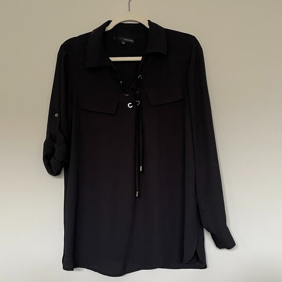 Black Sheer Lace Front Long Sleeve Blouse Harve Benard Size L - Picture 8 of 8